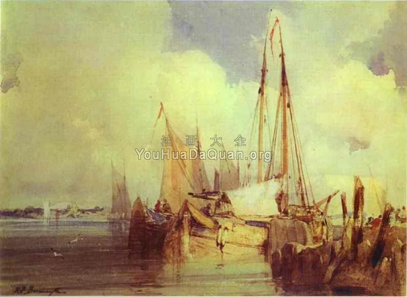 French River Scene with Fishing Boats - 理查德·帕克斯·伯宁顿